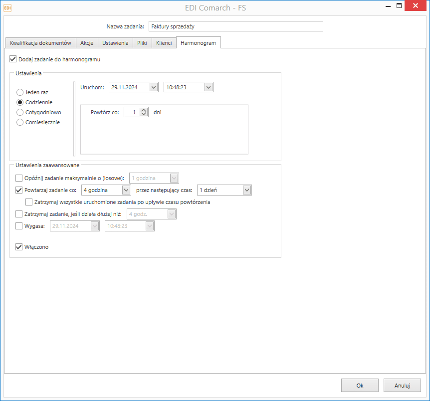 Synchronizator EDI XML nexo – harmonogram automatycznego uruchamiania zadań