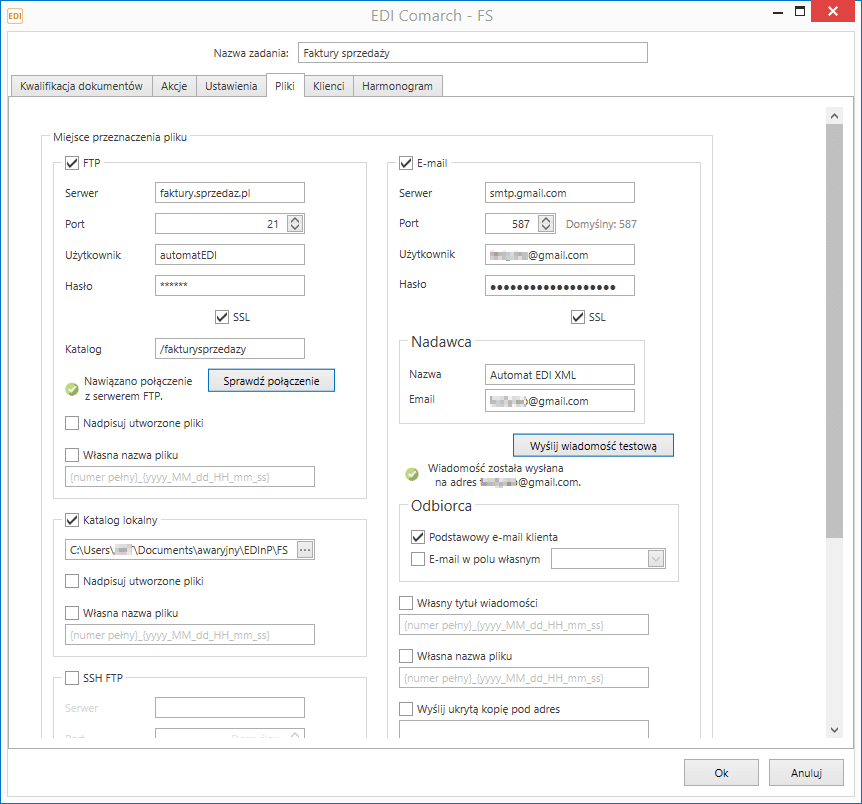 Synchronizator EDI XML nexo – konfiguracja miejsca przeznaczenia plików: FTP, katalog lokalny i e-mail