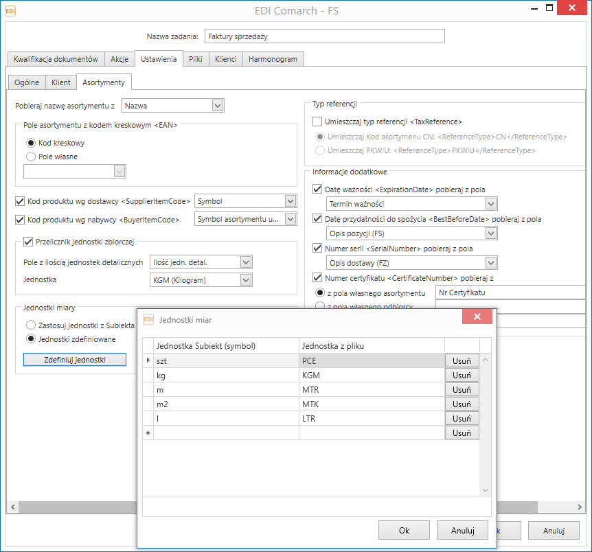 Synchronizator EDI XML nexo – ustawienia asortymentów: kody EAN, przelicznik jednostek i jednostki miar