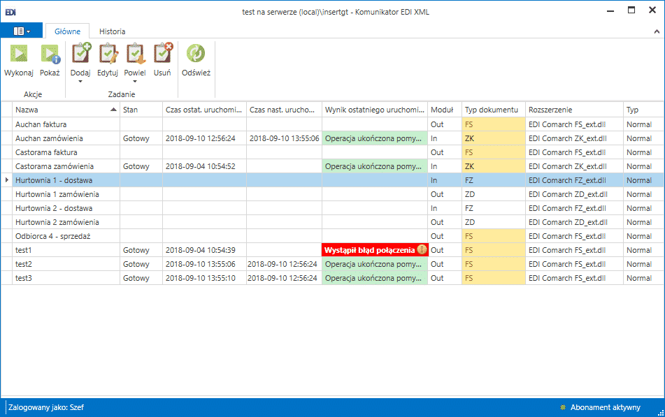 Synchronizator EDI XML – okno główne, zakładka Główne z listą zadań i statusami przetwarzania dokumentów