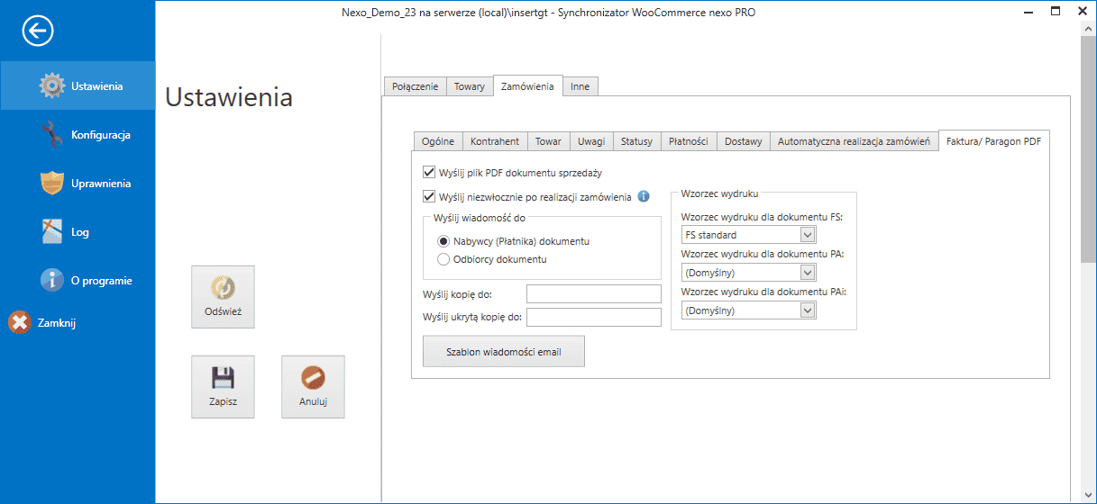 Synchronizator WooCommerce – ustawienia wysyłki faktury / paragonu w PDF oraz wzorce wydruku