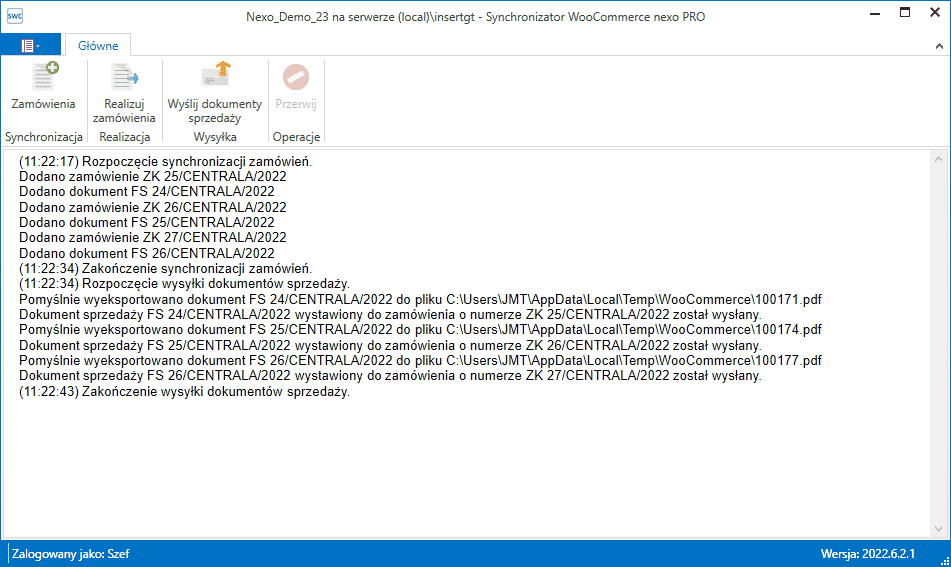 Synchronizator WooCommerce – okno główne z akcjami synchronizacji, realizacji i wysyłki dokumentów oraz logiem operacji