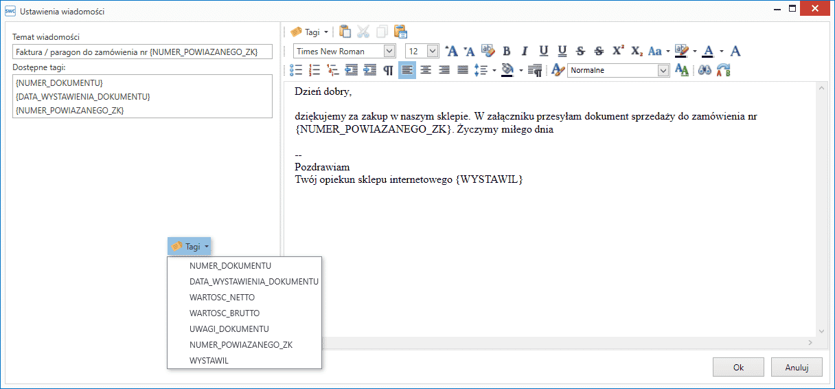 Synchronizator WooCommerce – edytor szablonu wiadomości e-mail z dostępnymi tagami dokumentu