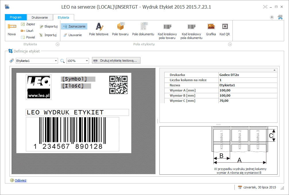 Wydruk etykiet – graficzny edytor szablonu etykiety z polami tekstowymi, kodem kreskowym, kodem QR i grafiką oraz parametrami drukarki