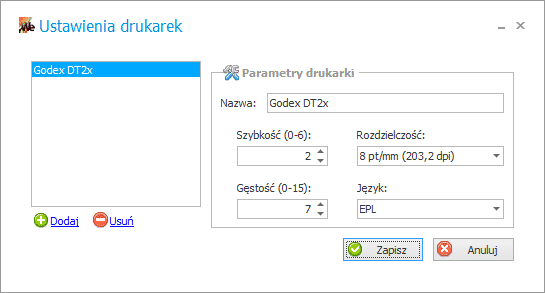 Wydruk etykiet – okno Ustawienia drukarek z parametrami: szybkość, gęstość, rozdzielczość i język
