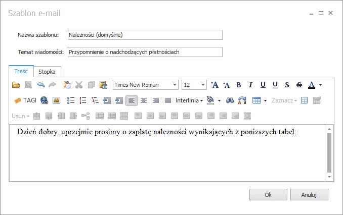 Windykator należności – okno Szablon e-mail z tematem wiadomości i edytorem treści